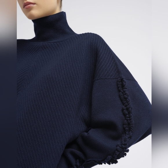 Barrie of Scotland Cashmere Textured Sleeves Detail Turtleneck Sweater - Navy - Picture 1 of 16